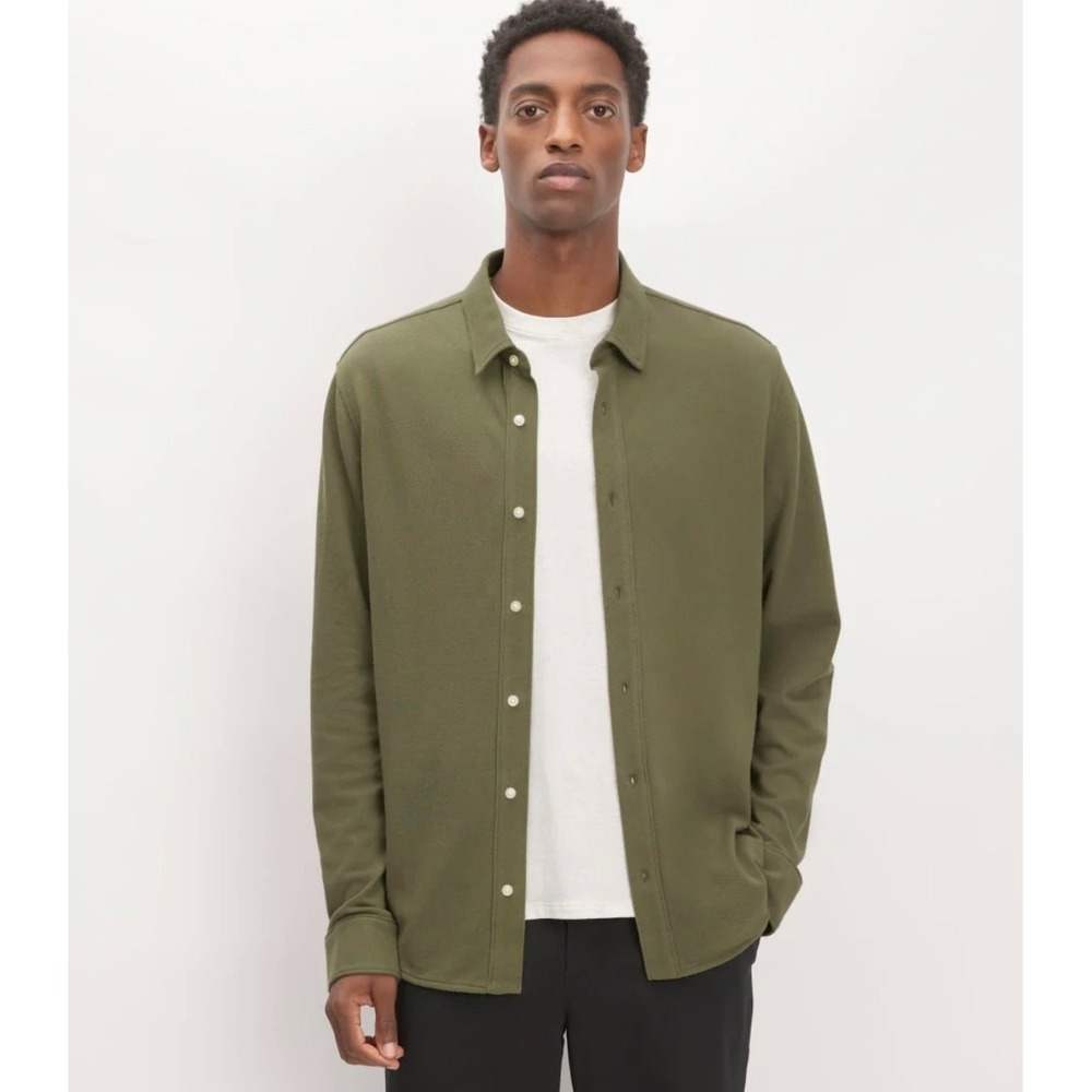 Everlane The Long Sleeve Pique Shirt Olive Green Thick Knit Button Up Mens S